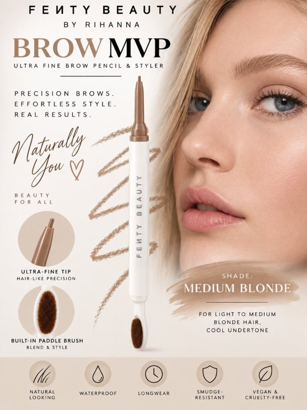 Fenty Beauty Brow MVP Ultra Fine Brow Pencil Styler Medium Blonde Waterproof